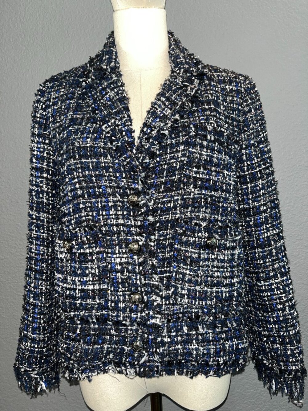 Zara Woman Navy Cobalt Blue & Silver Metallic Tweed Frayed Fringe Blazer Jacket